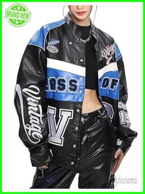 Oversized Leather Letterman Varsity Jacket Vintage Racing Bomber Coat